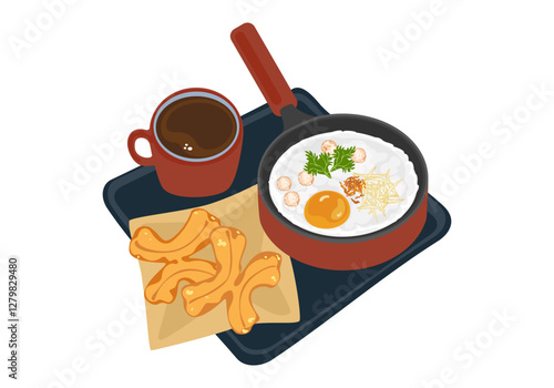 Vector illustration of Thai breakfast "Patongo". Thai food is eaten for breakfast with sweetened condensed milk, porridge, and hot coffee on a tray of isolated elements on a white background.
