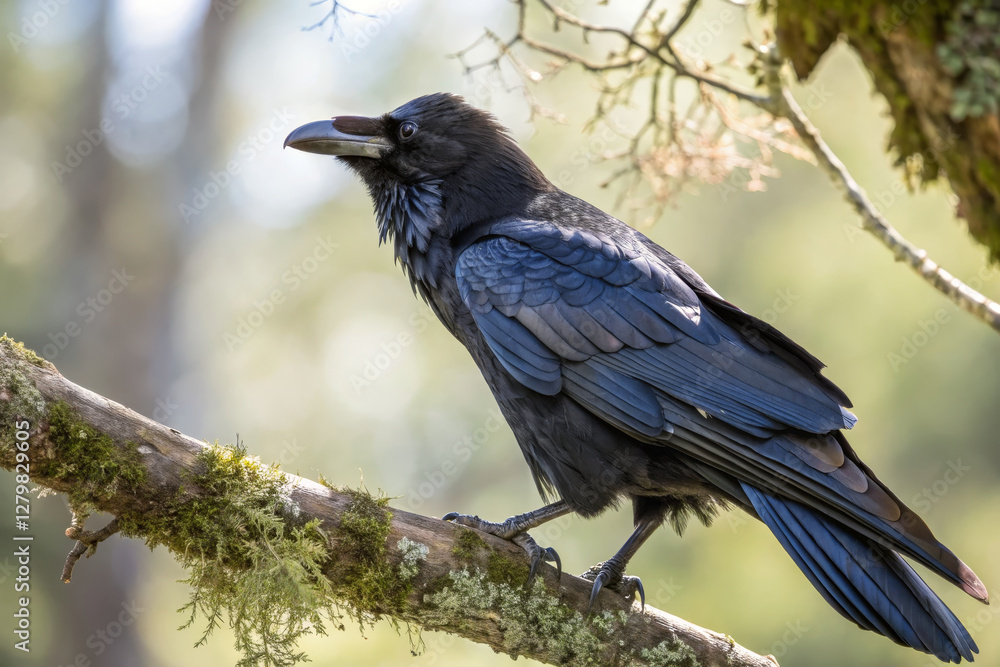 Obraz premium majestic black raven perched on mossy branch in nature