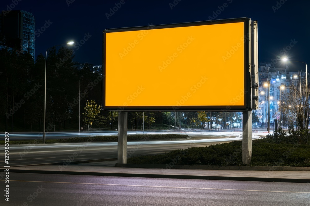 Obraz premium Large billboard is lit up at night with a bright yellow sign