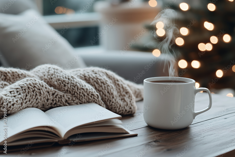 A warm, softly lit scene of a steaming cup of tea resting on a wooden coffee table beside an open book A warm, softly lit scene of a steaming cup of tea resting on a wooden coffee table beside an open book