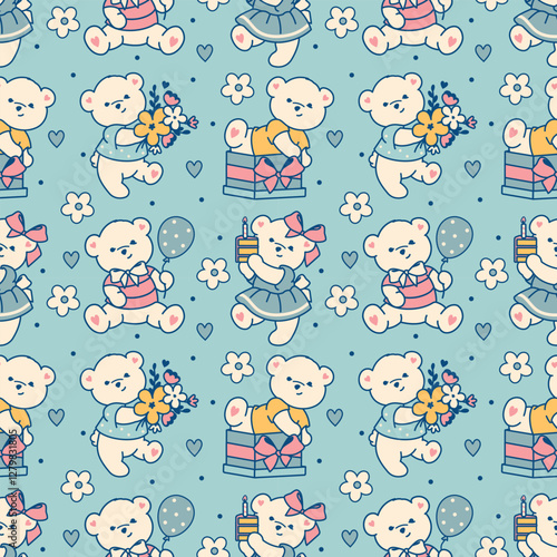 Adorable seamless pattern for baby shower decorations, nursery wallpapers, kids' fabrics, and birthday-themed wrapping paper. Cute teddy bears with gift boxes, balloons, flowers in a pastel palette