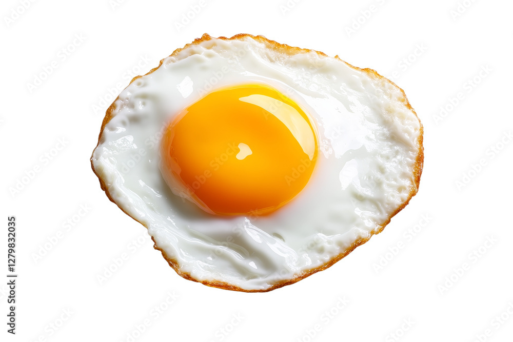 Fried egg with a yellow yolk sits on a white plate, isolated Fried egg with a yellow yolk sits on a white plate, isolated