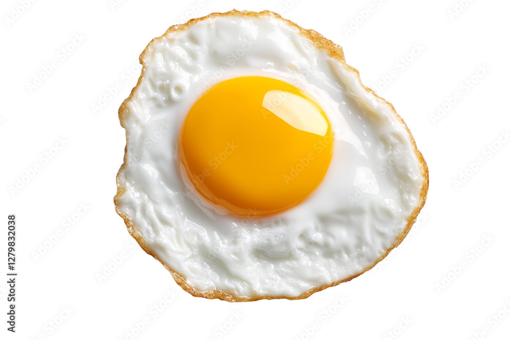 Fried egg with a yellow yolk sits on a white plate, isolated Fried egg with a yellow yolk sits on a white plate, isolated