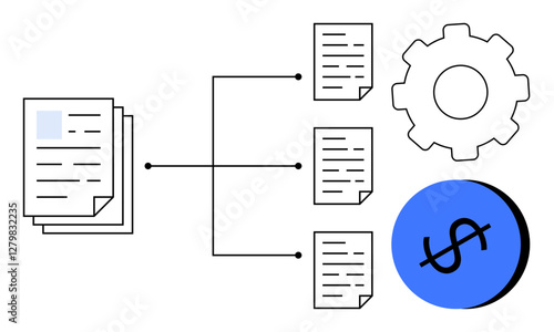 Three stacked documents connect to individual documents, gear, and dollar sign. Ideal for business processes, document management, workflow optimization, financial analysis, productivity