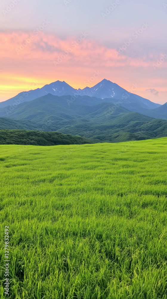 Phone wallpaper of vibrant green fields leading to lush forested mountains under a beautiful pastel sunset with pink and orange hues Phone wallpaper of vibrant green fields leading to lush forested mountains under a beautiful pastel sunset with pink and orange hues