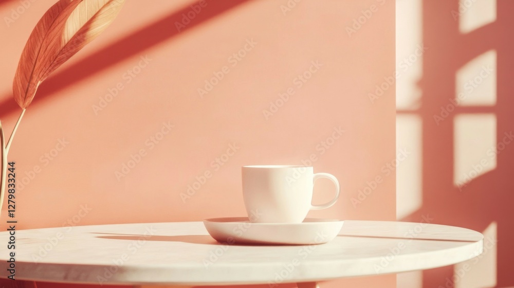 White Coffee Cup on Marble Table with Warm Pink Background and Sunlight Shadows White Coffee Cup on Marble Table with Warm Pink Background and Sunlight Shadows