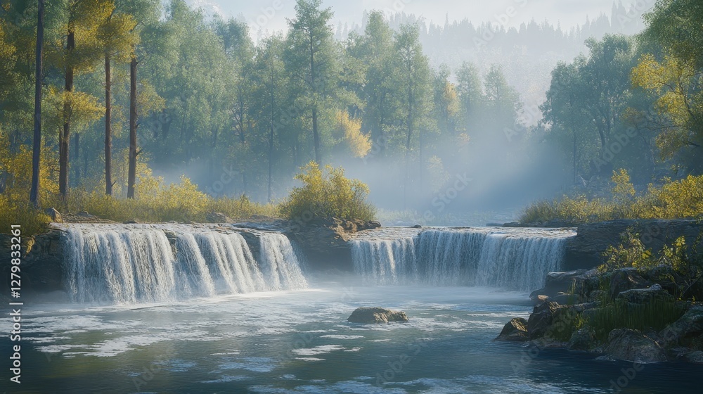 Fototapeta premium Serene Waterfall Cascades Through Misty Forest Landscape