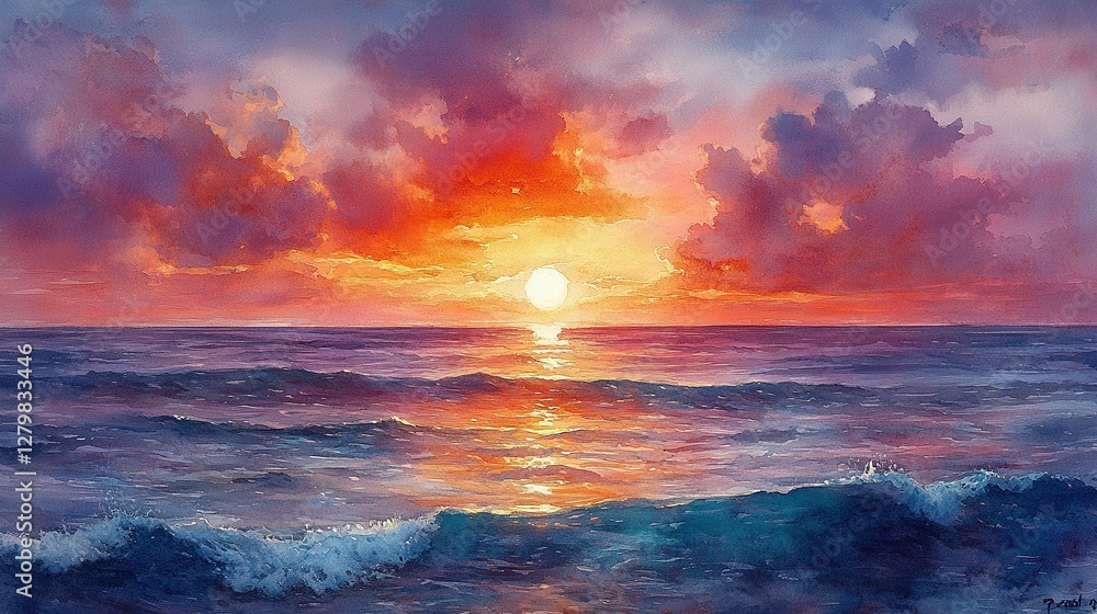 A Beautiful Sunset Paints the Ocean and Clouds in Vivid Colors A Beautiful Sunset Paints the Ocean and Clouds in Vivid Colors