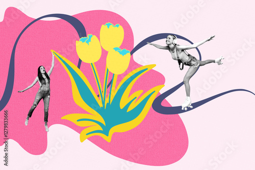 Composite art 3d creative image collage of two happy girls friends park walk ride roller-skates listen music headphones bloom tulips