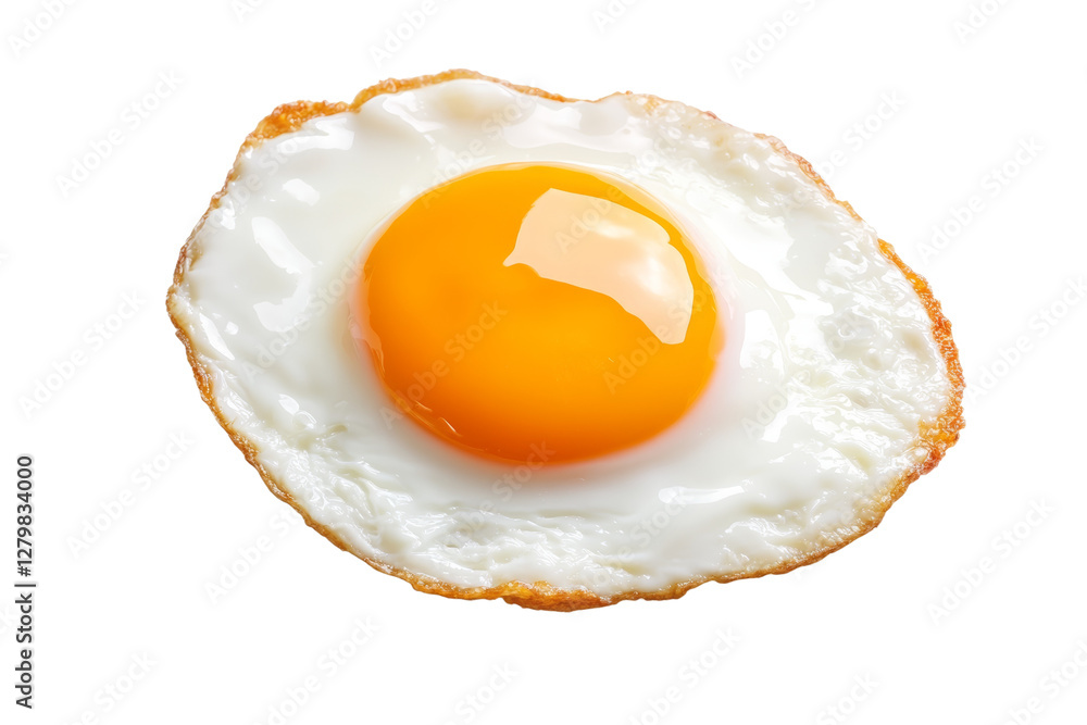 Fried egg with a yellow yolk sits on a white plate, isolated Fried egg with a yellow yolk sits on a white plate, isolated