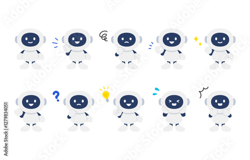 いろいろな表情･ポーズをするAIロボットの全身セット【ベクターイラスト素材】