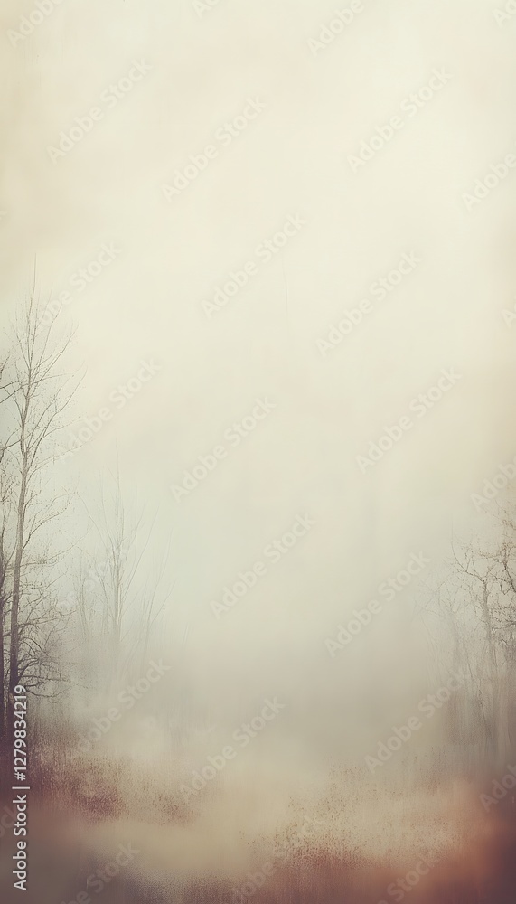Fototapeta premium Bare trees and heavy fog obscure a foggy forest landscape