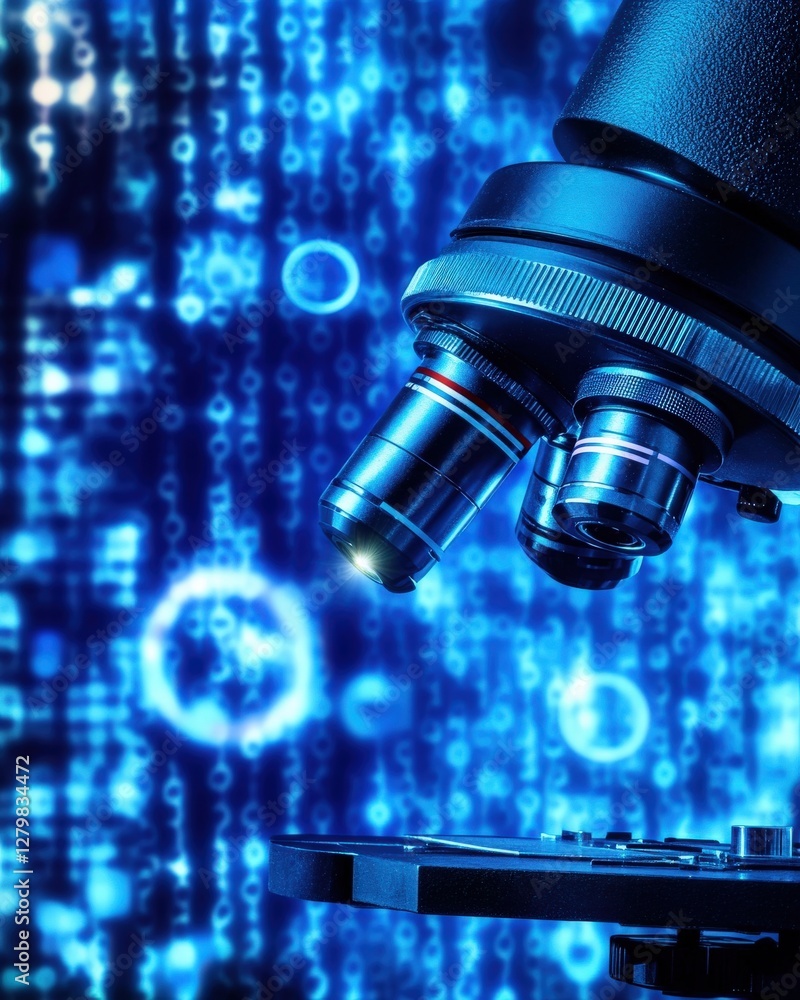 Close-up of a powerful microscope against a vibrant blue binary code backdrop, symbolizing scientific research and technological advancement. Close-up of a powerful microscope against a vibrant blue binary code backdrop, symbolizing scientific research and technological advancement.
