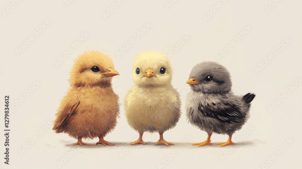 Fototapeta premium Three Fluffy Baby Chicks on White Background