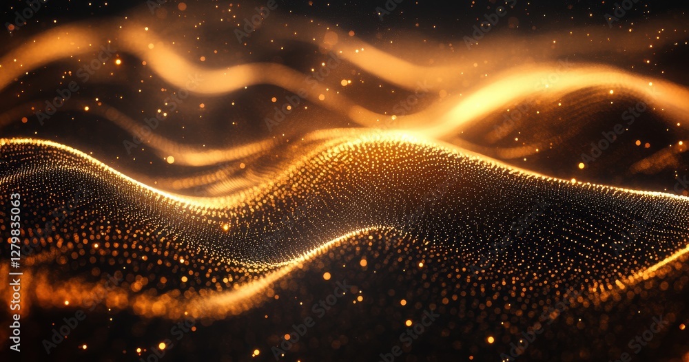 Abstract Golden Waves with Glowing Particles in Dark Background, Elegant Flowing Light Effects for Creative Projects and Digital Artworks Abstract Golden Waves with Glowing Particles in Dark Background, Elegant Flowing Light Effects for Creative Projects and Digital Artworks