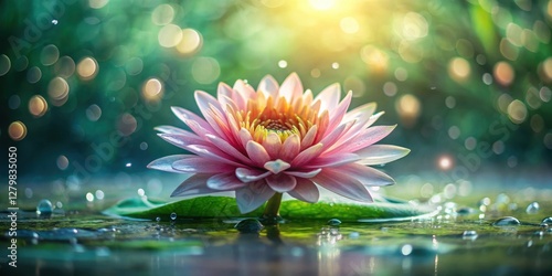 Wallpaper Mural A Serene Water Lily Blossom in a Sunlit Pond, Dewdrops Adorning its Petals, Reflecting the Gentle Light Torontodigital.ca