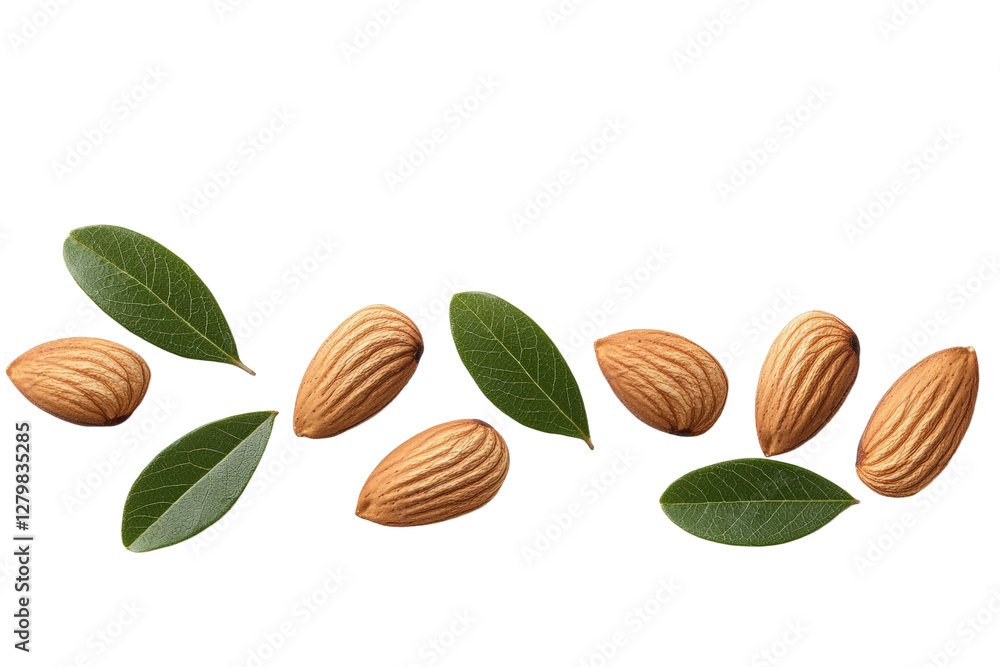 Row of almonds and leaves, isolated Row of almonds and leaves, isolated