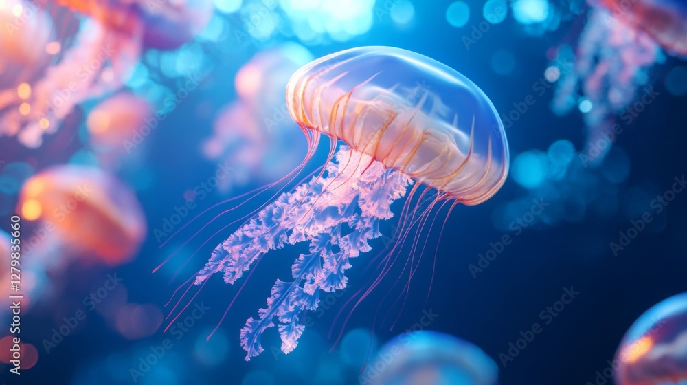 Obraz premium Glowing Jellyfish Underwater in Vibrant Blue and Pink Hues