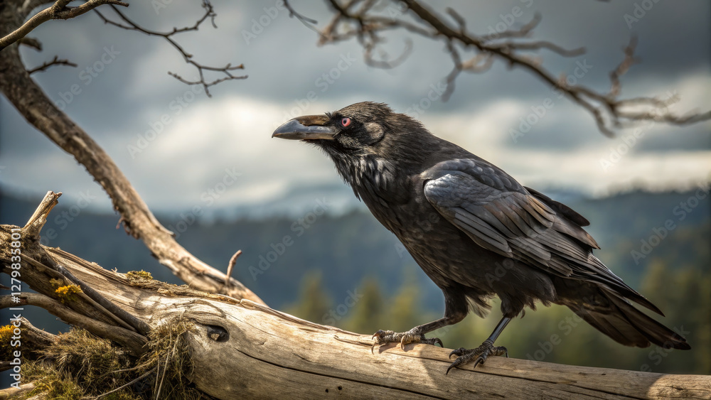 raven perched on branch, showcasing its glossy feathers and sharp beak raven perched on branch, showcasing its glossy feathers and sharp beak
