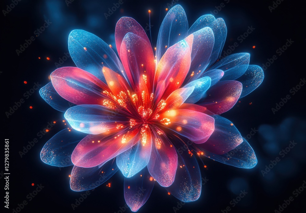 Abstract vibrant flower design with luminous petals in shades of blue and red set against a dark background, showcasing intricate details and glowing elements Abstract vibrant flower design with luminous petals in shades of blue and red set against a dark background, showcasing intricate details and glowing elements