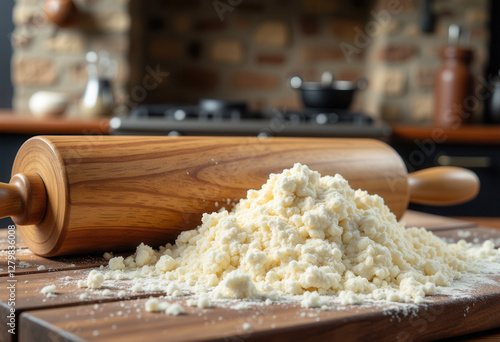 Wooden rolling pin and flour pile on table for baking blogs, recipe websites, and culinary education photo