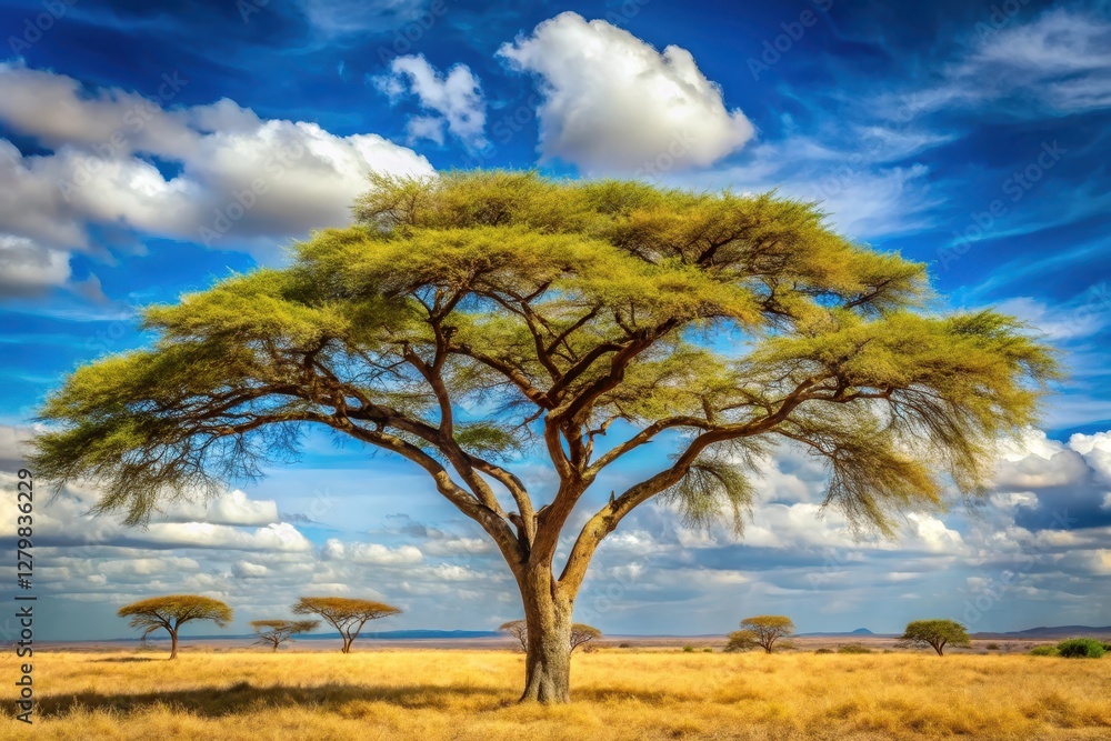 Fototapeta premium A Majestic Savanna Tree Stands Tall Against a Vibrant Sky, Its Branches Reaching Towards the Fluffy Clouds