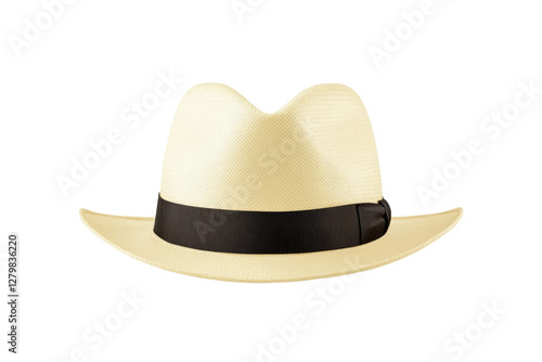 Tan straw hat with a black band and a black bow, isolated photo