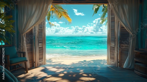 A breathtaking tropical beach with turquoise waves and golden sands, framed by the open shutters of a rustic office, soft tropical breeze moving sheer curtains, cozy wooden furniture inside,