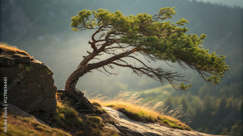 solitary tree stands resilient on rocky slope, surrounded by nature beauty solitary tree stands resilient on rocky slope, surrounded by nature beauty