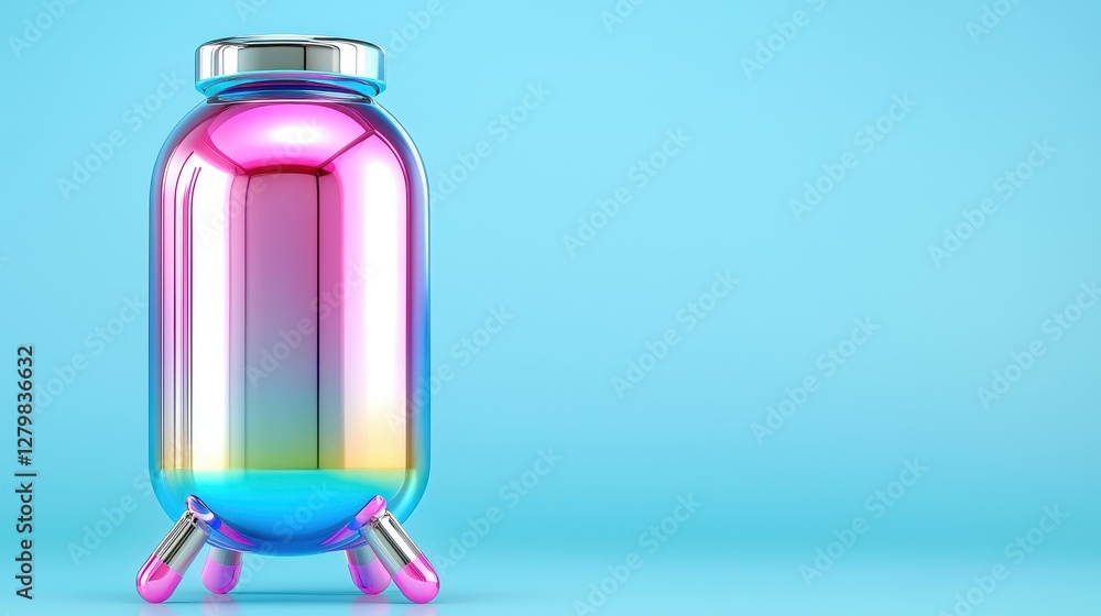 Iridescent Glass Jar with Capsules on Legs Colorful Medicine Bottle on Light Blue Background Iridescent Glass Jar with Capsules on Legs Colorful Medicine Bottle on Light Blue Background