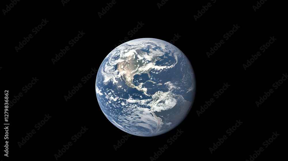 Stunning view of Earth from space, showcasing North and Central America, detailed cloud formations, and the planet's vibrant blue oceans against a pitch-black background. Stunning view of Earth from space, showcasing North and Central America, detailed cloud formations, and the planet's vibrant blue oceans against a pitch-black background.