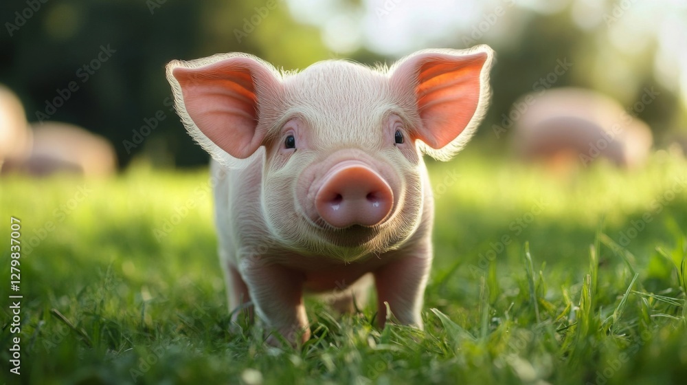 Adorable Pink Piglet in Lush Green Grass Adorable Pink Piglet in Lush Green Grass