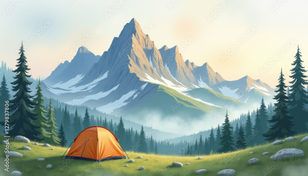 Misty mountain landscape with campsite for travel blogs, outdoor adventure websites, and nature-themed graphic design projects Misty mountain landscape with campsite for travel blogs, outdoor adventure websites, and nature-themed graphic design projects