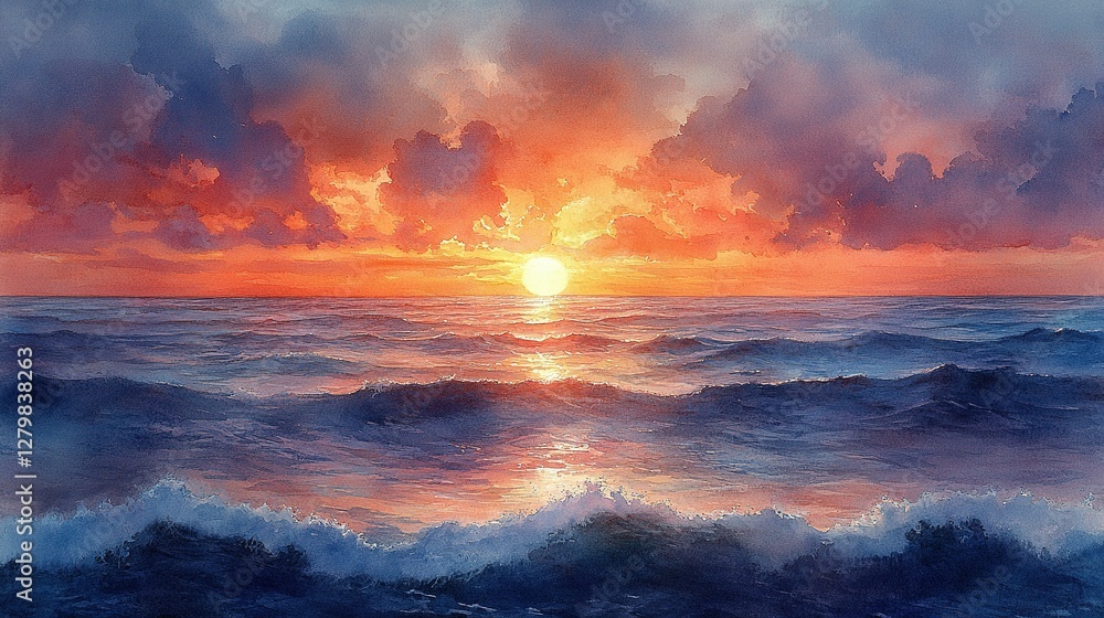 Fototapeta premium Beautiful Sunset Over a Calm Ocean with Colorful Dramatic Clouds