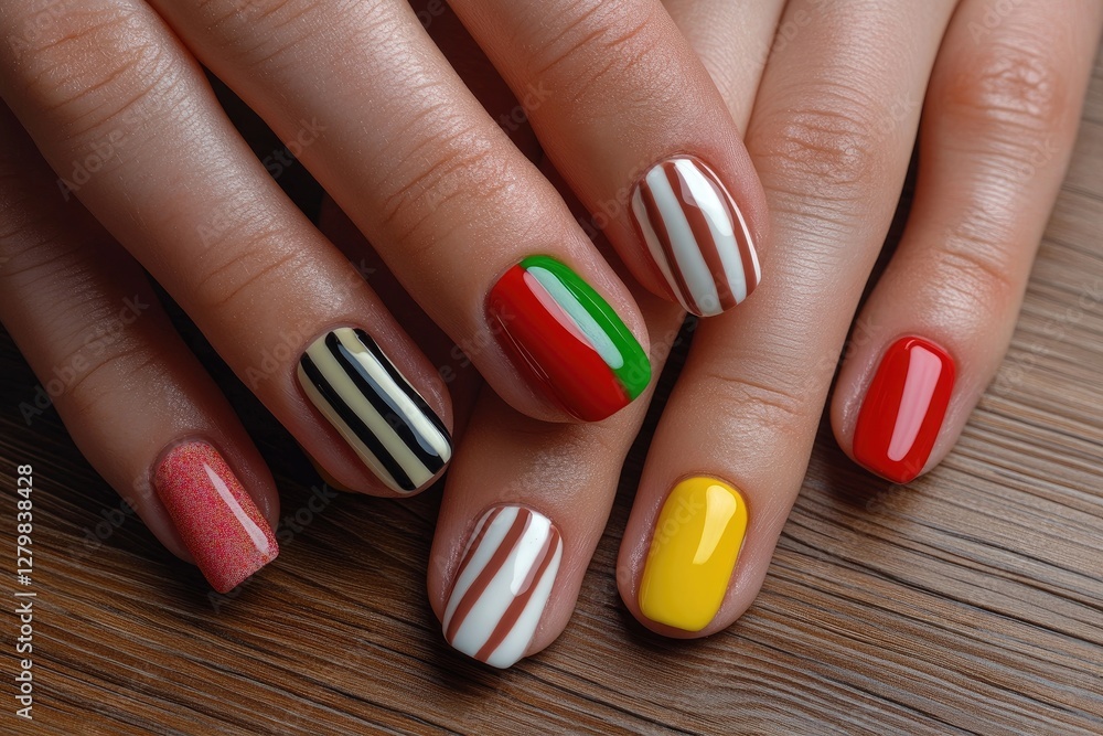 Colorful striped and patterned manicured nails on a wooden surface Colorful striped and patterned manicured nails on a wooden surface