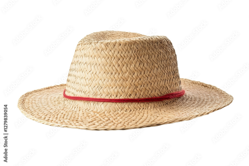 Straw hat with a red ribbon around the brim, isolated Straw hat with a red ribbon around the brim, isolated