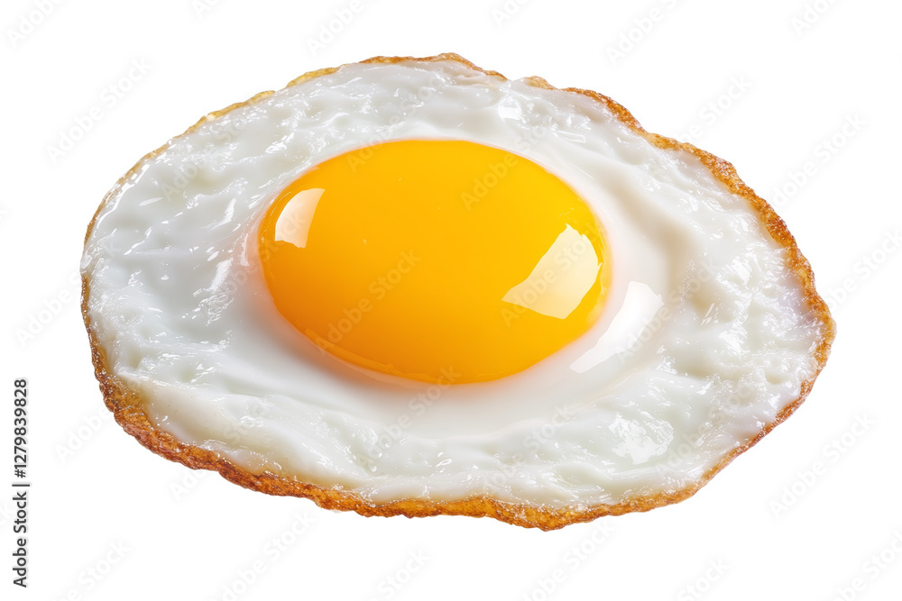 Fried egg with a yellow yolk sits on a white plate, isolated Fried egg with a yellow yolk sits on a white plate, isolated