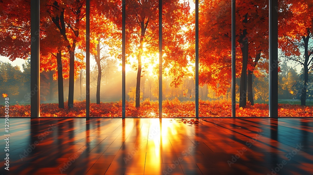 Obraz premium A panoramic view of a glowing autumn forest, vivid orange and red leaves illuminated by soft sunlight, visible through the wide glass windows of a contemporary office, warm shadows on the floor,