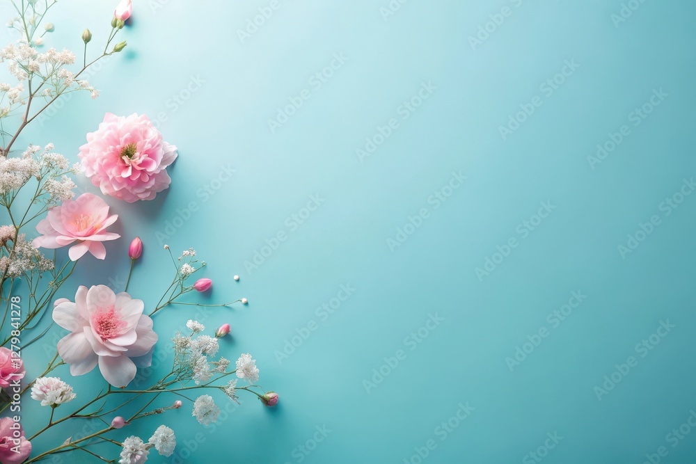 Fototapeta premium Delicate Pink and White Flowers Arranged on a Light Blue Background, Creating a Serene and Elegant Floral Composition Perfect for Invitations, Cards, or Decorative Purposes
