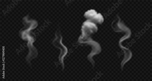 Set of vector realistic cigarette smoke, vapor, haze. White swirl, wavy steam isolated on transparent background