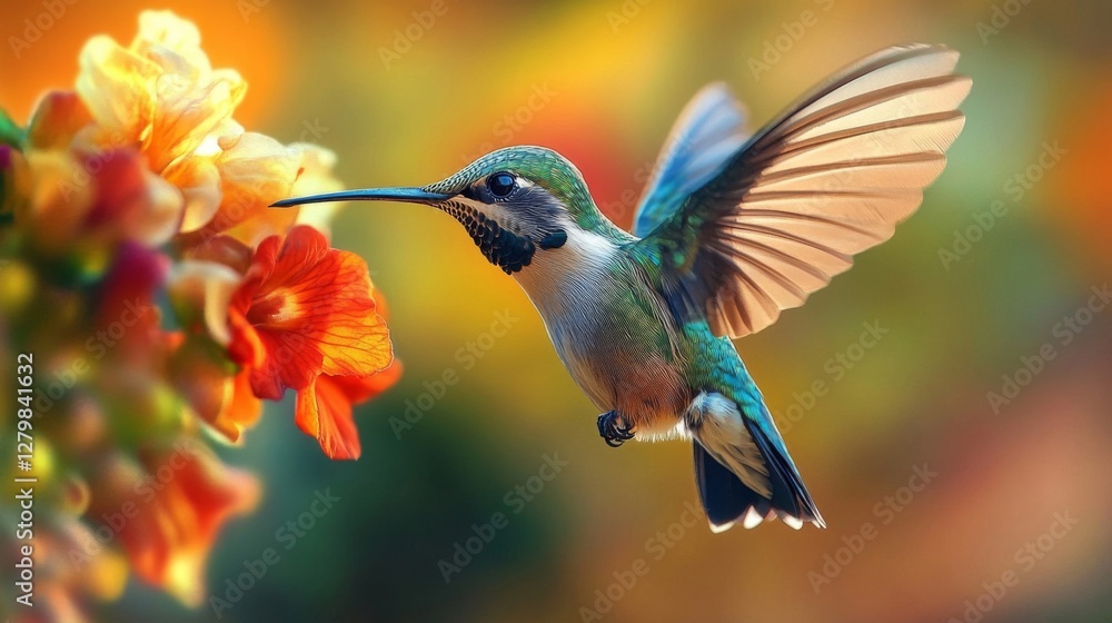 Fototapeta premium Green Hummingbird Hovering Near Orange Flowers