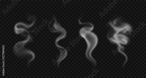 Set of various, realistic white wavy smoke. Vector illustration. Swirl steam over bbq, hot drinks, food, cigarettes.