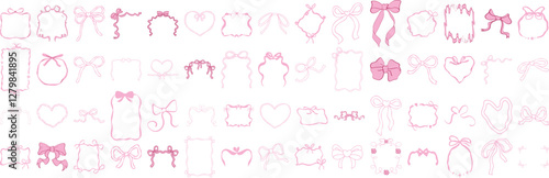 Set of frames with coquette pretty charming bows, hearts, cherry berry, stars. Hand drawn trendy ribbons border. Vintage elements for greeting cards, wedding, invitations, social media