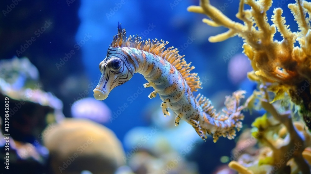 Blue Spotted Seahorse in Vibrant Coral Reef Habitat Blue Spotted Seahorse in Vibrant Coral Reef Habitat