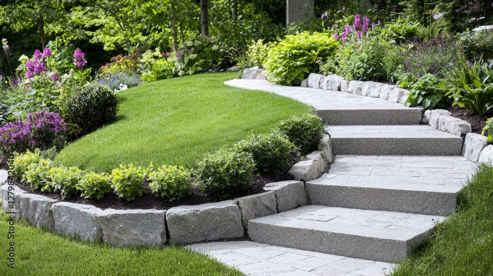 Garden Pathway Steps, Lush Landscaping, Sunny Day. Possible Use Stock Photo Garden Pathway Steps, Lush Landscaping, Sunny Day. Possible Use Stock Photo