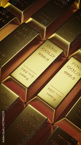 Gold Bullion, Fine Gold bars in banks. Concept of exchange rates, trading, investment in gold market, and collecting valuable metals. 4k loop vertical background