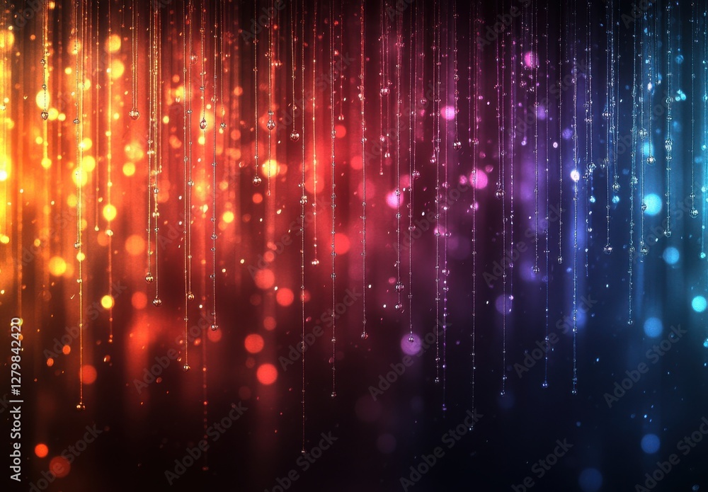 Obraz premium Colorful bokeh lights with shimmering particles creating a mesmerizing background for creative designs and artwork, ideal for digital projects and presentations