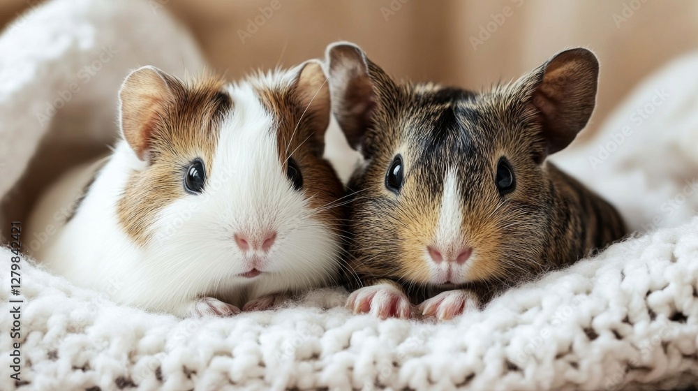 Two Adorable Guinea Pigs on a White Knit Blanket Two Adorable Guinea Pigs on a White Knit Blanket