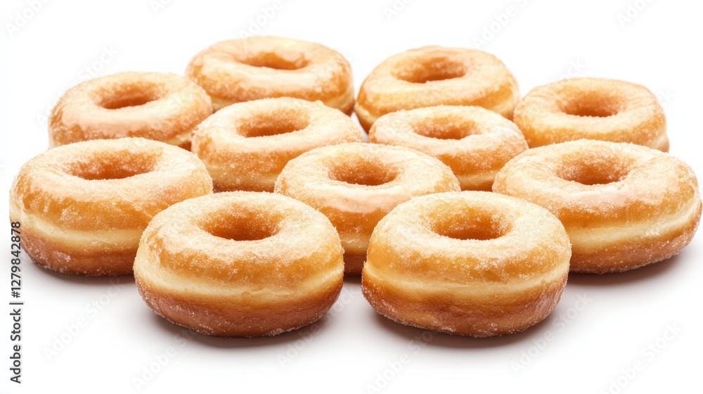 Freshly glazed donuts arranged in a tempting stack on a white background, ideal for dessert promotion Freshly glazed donuts arranged in a tempting stack on a white background, ideal for dessert promotion