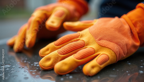 High-visibility orange work gloves for construction and safety operations - protective equipment for enhanced workplace visibility photo